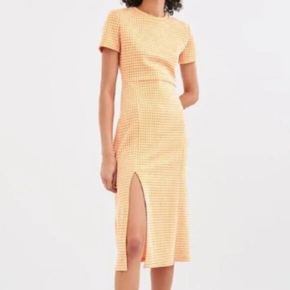 Zara Gingham Yellow Midi Dress with Slit - Picture 1 of 9
